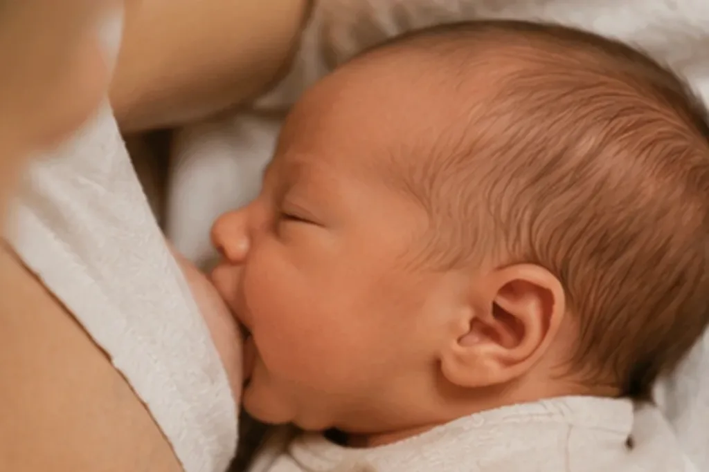 Pasgeboren baby krijgt borstvoeding tijdens de eerste voedingsmomenten