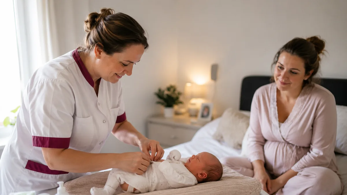 Kraamverzorgster verzorgt een pasgeboren baby terwijl de moeder meekijkt