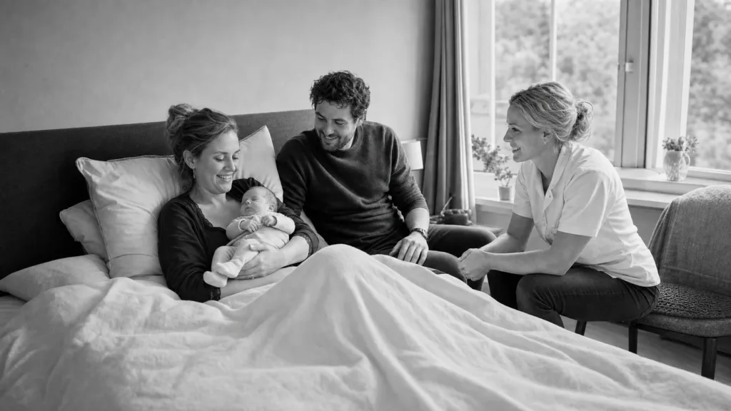Moeder rust met haar baby terwijl haar partner en kraamverzorgende dichtbij zijn