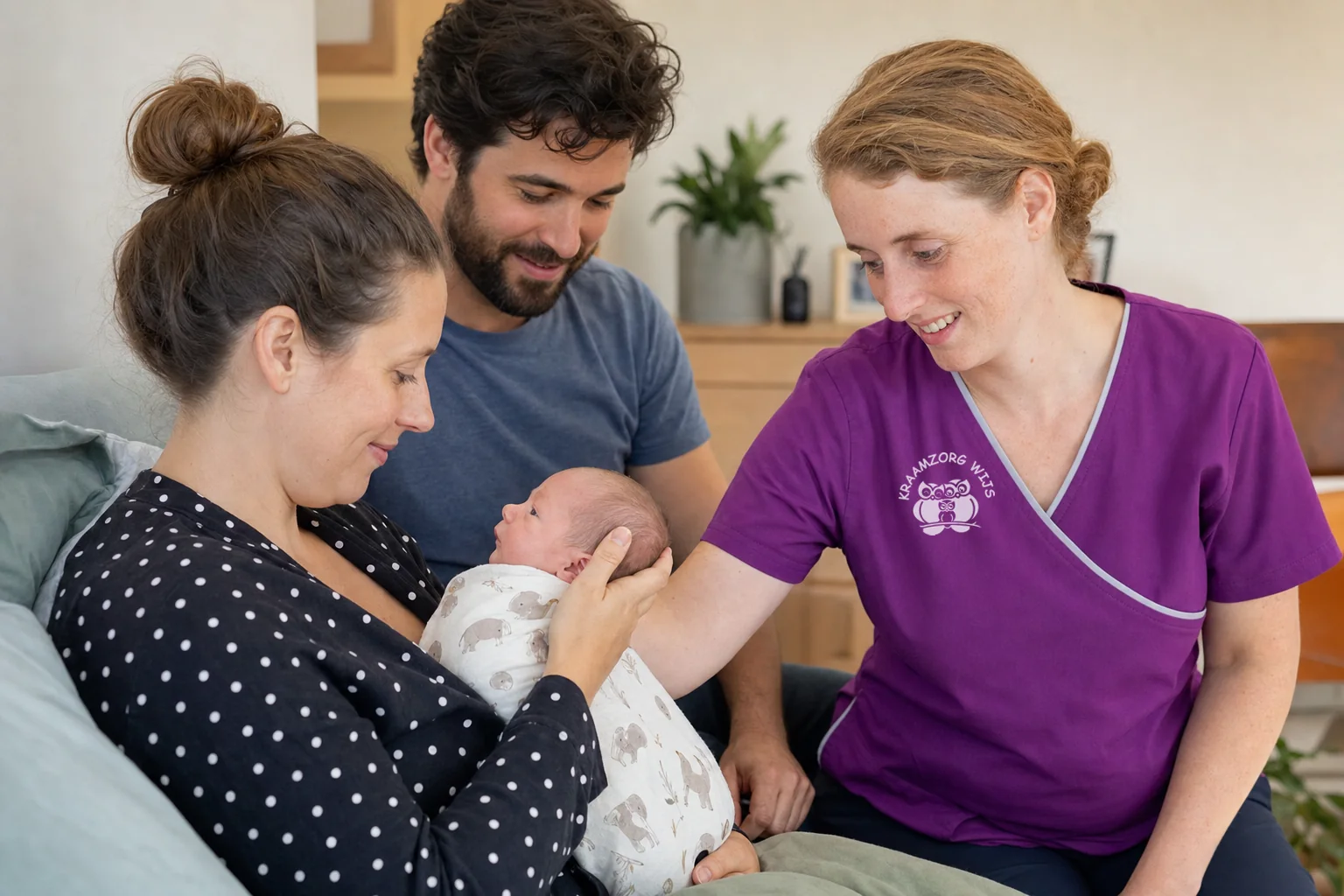 Annebel begeleidt een moeder die haar pasgeboren baby veilig vasthoudt